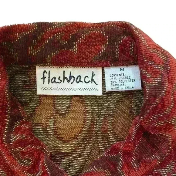 Vintage 90s Flashback Tapestry Jacket Red Burgundy Wooden Size M Button Detail - Picture 5 of 10